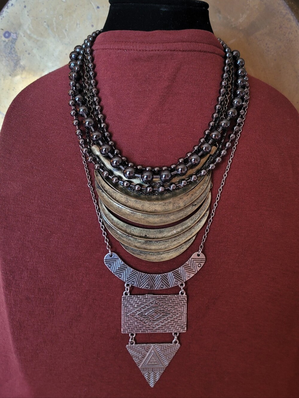 Set Of 2 Necklaces, Tribal-Inspired Brass, Gun Metal, Silver Geometric, Trimetal